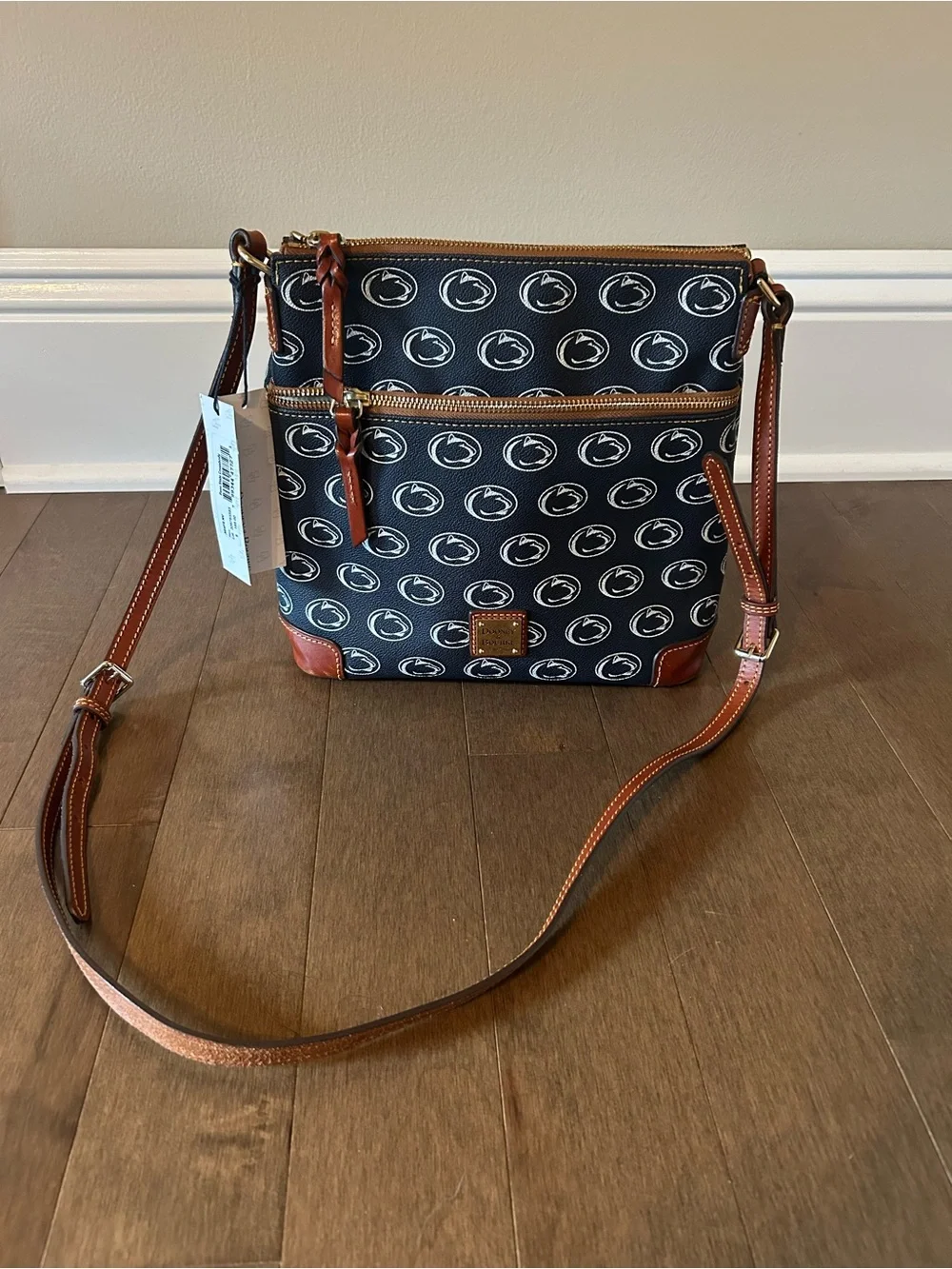 Dooney & Bourke Navy Logo Crossbody with Brown Leather Trim